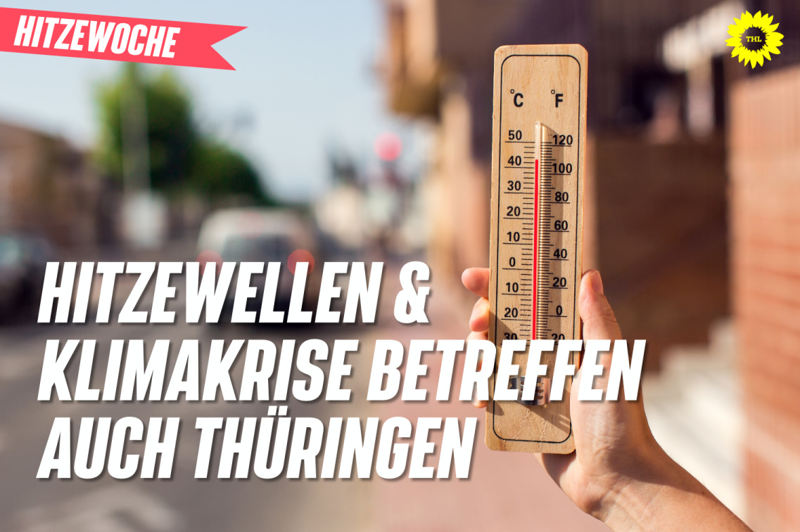 Symbolbild mit Thermometer über 40 Grad Celsius in einer Stadt mit der Überschrift "Hitzewellen und Klimakrise betreffen auch Thüringen"