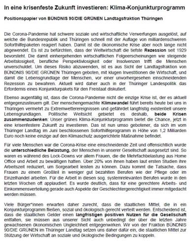 Positionspapier Klima-Konjunkturprogramm