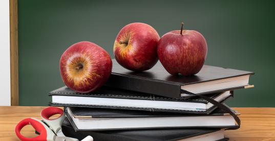 Bücher, Äpfel, Tafelkreide und eine Schere vor einer Tafel Bücher, Äpfel, Tafelkreide und eine Schere vor einer Tafel